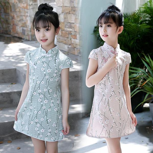Fille Robes D'été Robe Cheongsam Style Chinois À Manches Courtes Qipao Coton Enfants Performance Fête Pour Les Filles Âge 5 7 9 10 12 14