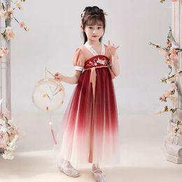 Meisjesjurken zomerjurk kinderen hanfu kleding 2024 Chinese stijl tangpak cheongsam korte mouw v-neck borduurwerk oud kostuum