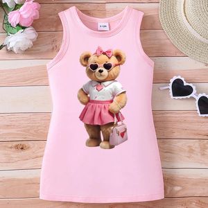 Robes de fille Summer Girl's Round Nou Sans manches mignonnes en peluche de teddy ours motif de dessin A-Line Robe décontractée