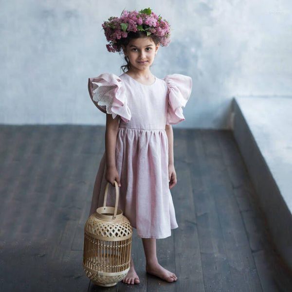 Fille robes d'été filles tenue décontractée princesse coton lin à manches courtes dentelle solide dos croix sangle droite plissé enfants tissu