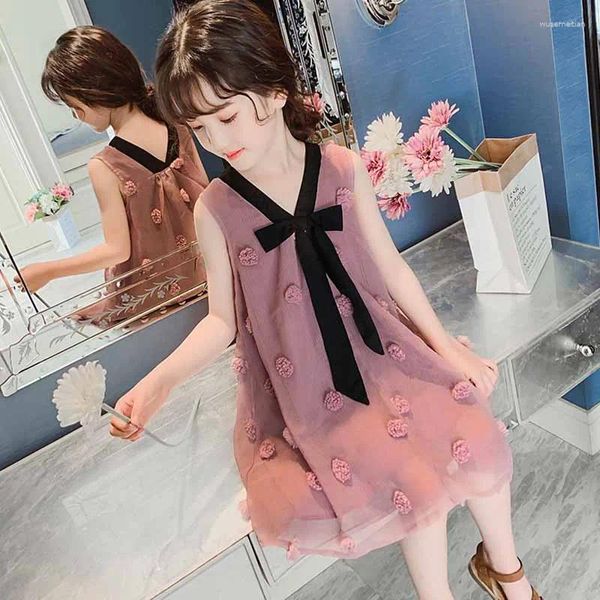 Vestidos de niña vestido de verano para niñas 2023 estilo coreano apliques arco pequeña hada princesa europea americana ropa para niños 4-13
