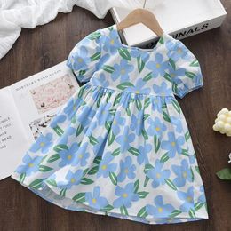 Robes d'été pour filles, vêtements pour enfants, imprimé floral, manches bouffantes, col carré, robe de princesse mignonne, fête de vacances, bleu pour enfants