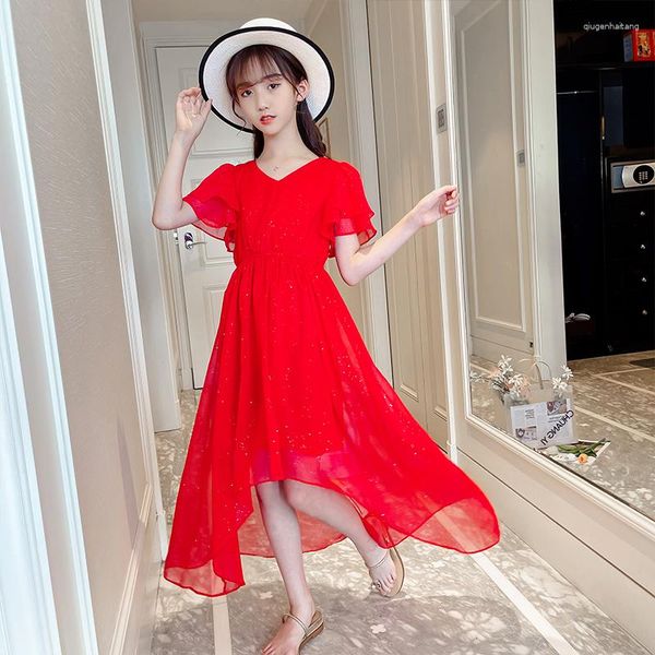 Fille robes été filles longues jupes irrégulières luxe rouge Design robe 2023 enfants à manches courtes col en V en mousseline de soie
