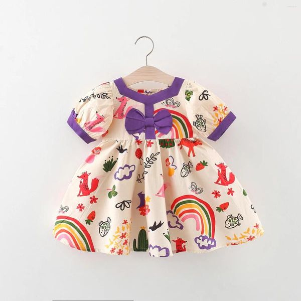 Robes de fille Summer Filles Robe à manches courtes Baby Bow Cartoon Imprimer Couleur Blocage Bubble Maripe Princesse Jupe