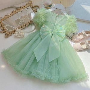 Fille robes été filles douce fête jupe enfants anniversaire princesse maille robe enfants robe de soirée plage en plein air vert fleur vêtements