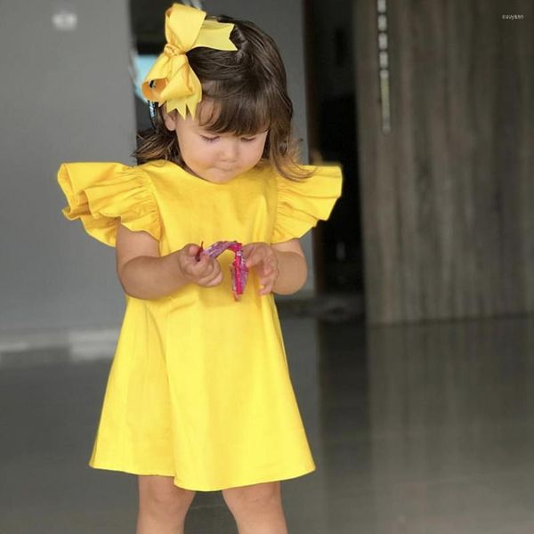 Vestidos de niña Vestido infantil de verano Moda Algodón Amarillo Ropa para niños Diademas Bebé Niñas Manga Arco sólido