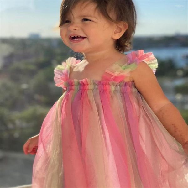 Vestidos de verano para niña, vestido de princesa con lentejuelas para niña pequeña, estampado de estrellas sin mangas, malla colorida, fiesta de cumpleaños de boda