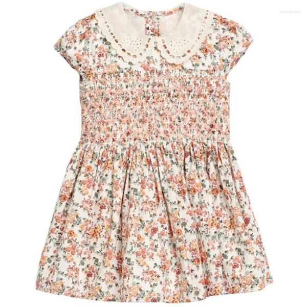 Vestidos de niña Verano Niños Floral Impreso Naranja claro Peter Pan Collar Bata de encaje Linterna Niñas 2-7 años Algodón