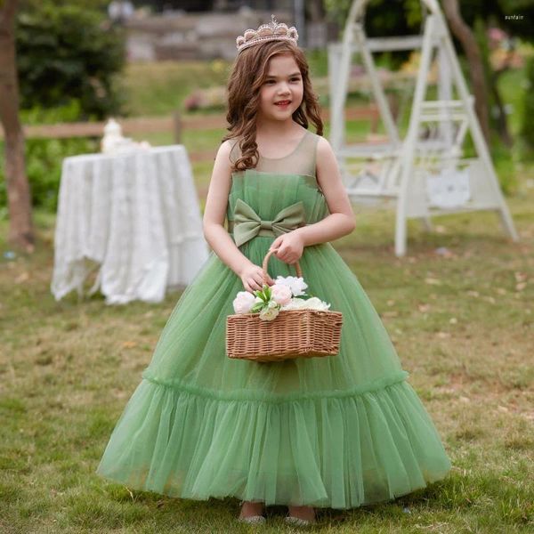 Robes d'été pour filles, tenue de princesse verte, longueur au sol, en Tulle rouge, pour fête d'anniversaire, bal, carnaval, Costume de concours, pour 1-12 ans