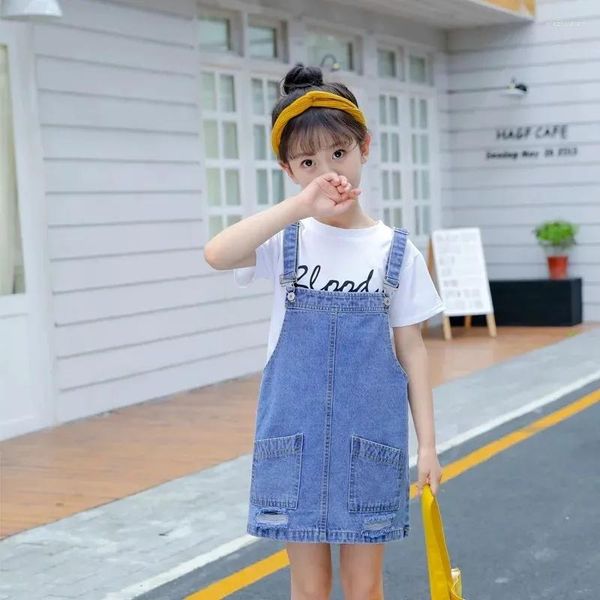 Fille Robes D'été Coréen Casual Filles Jarretelles Jupe Collège Style Denim Robe Courte Moyen Grand Enfants Solide Couleur