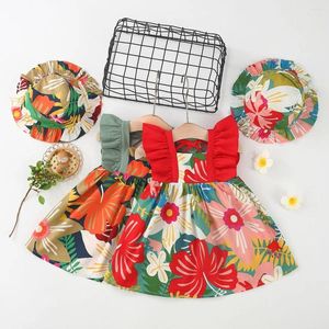 Robes de fille Summer Feuille de feuille de fleur robe de bébé douce petite manches volantes vêtements pour enfants Envoyer un chapeau (0-3 ans)