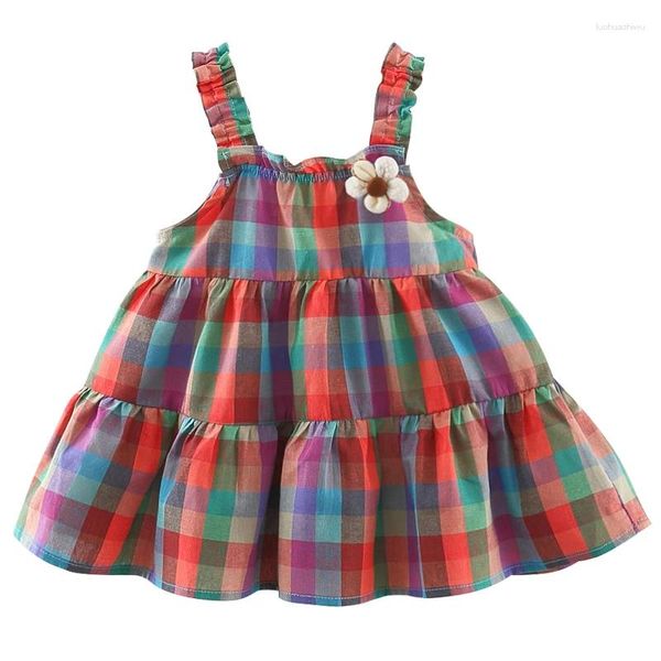 Vestidos de niña, trajes de verano, ropa para bebé nacido, vestido coreano bonito a cuadros con flores sin mangas de algodón, vestido de princesa para niños pequeños BC2282