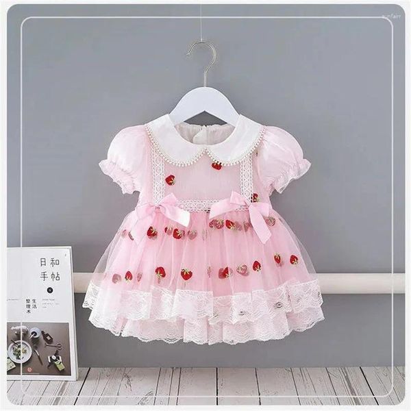 Robes d'été pour filles, imprimé fraise rose, robe pour petits enfants, mignon, moelleux, bébé doux, manches courtes, revers