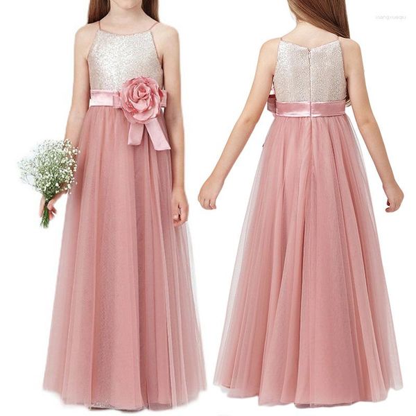 Robes de fille été paillettes tulle a-ligne junior demoiselle d'honneur robe de longueur au sol pour mariage fleur rose cérémonie d'anniversaire robe de soirée 1-13 ans