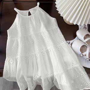 Robes d'été pour filles, sans manches, en coton, vêtements décontractés pour enfants, blanc, couleur unie, Slip ajouré, vêtements à la mode pour filles