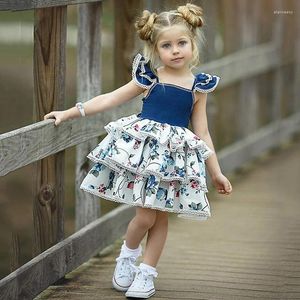 Meisje Jurken Zomer Peuter Meisjes Kleding Blauwe Bloemen Gedrukt Voor Prinses Verjaardagsfeestje Jurk Fly Mouw Kant Taart Tutu