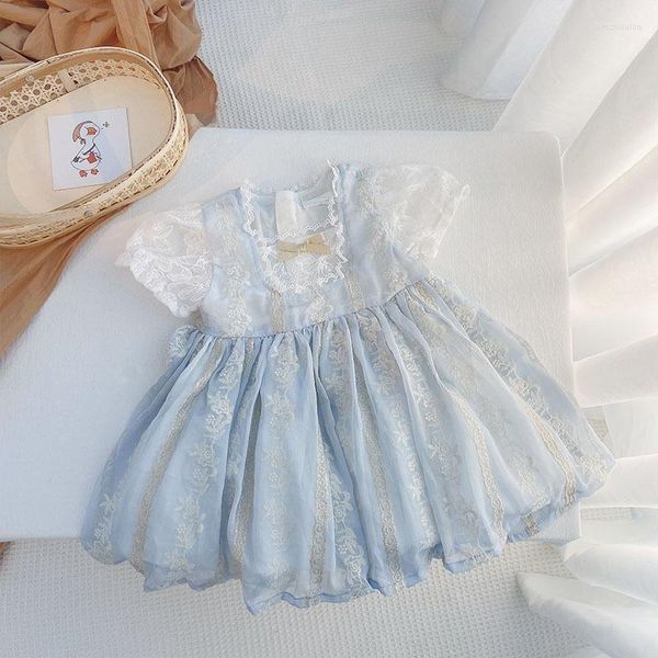 Fille Robes D'été Toddler Princesse Robe Enfants Coton Causal Bébé Filles Bleu Tulle Bulle Manches Vestidos Vêtements De Fête Pour Enfants