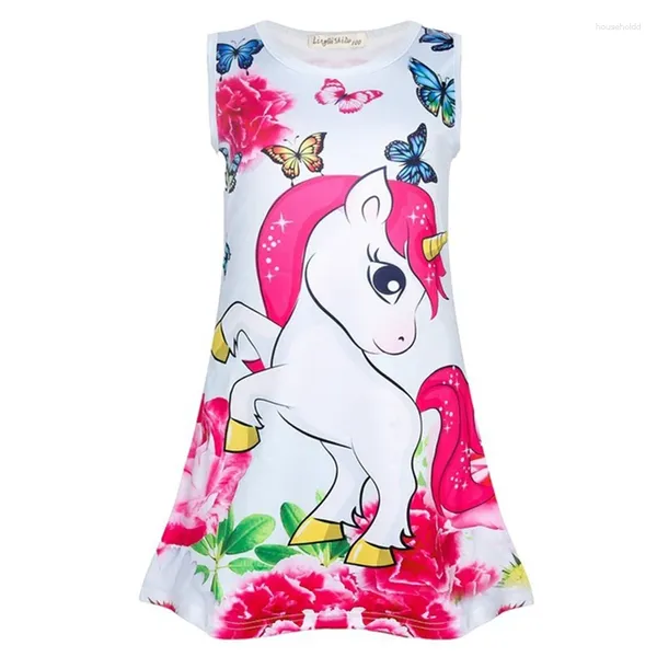 Robes d'été pour filles, robe de princesse licorne, imprimé de dessin animé papillon mignon, sans manches, fête d'anniversaire pour bébés filles