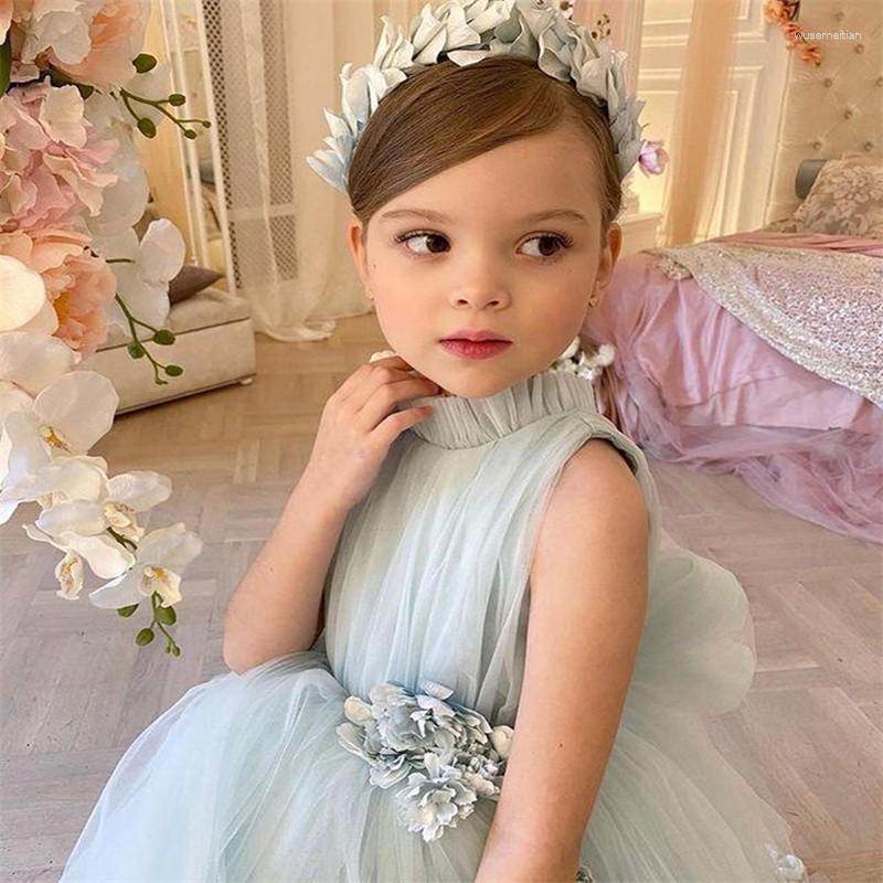 Girl Dresses Summer Wedding Flower Girls Tulle With High Neck Crystal Sash First Communion Little Birthday Party Gown