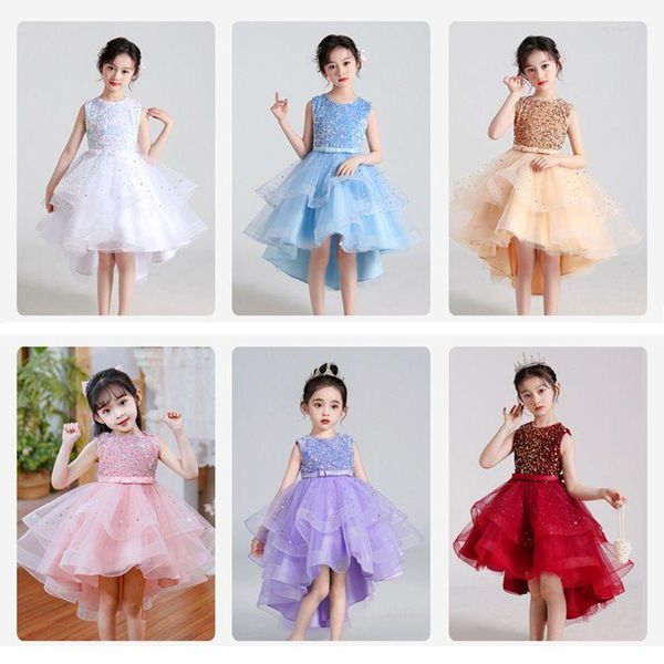 Robes de fille été blanc rouge bleu lilas enfants junior princesse fleur filles asymétrique robe à paillettes anniversaire fête de mariage robe en tulle