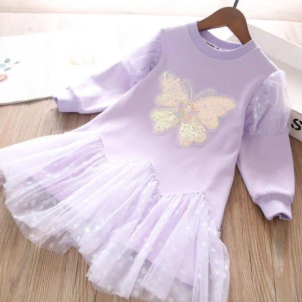 Robes pour filles, robe pull, T-shirt à manches longues pour enfants, jupe de princesse violette décontractée, bas en gaze, printemps et automne