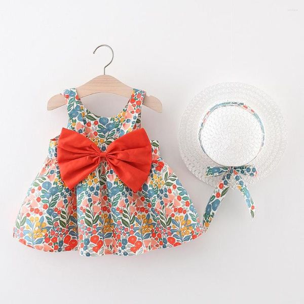 Vestidos de niña dulce 2 piezas arco bebé niñas vestido verano flor Sling Casual niños ropa nacido enviar sombrero