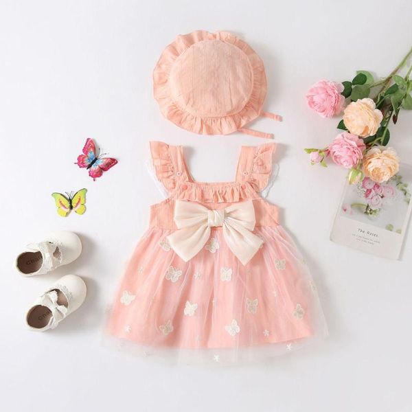 Fille Robes Doux Bébé Filles D'été Princesse Robe Col Carré Manches Volantes Grand Arc Papillon Applique Tulle Vestidos Enfant Vêtements Pour Enfants