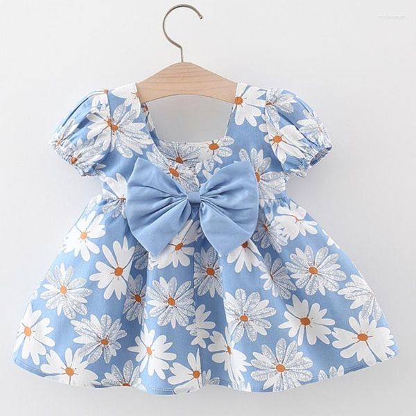 Robes de fille vêtements pour enfants doux fleurs d'été manches bouffantes bébé filles mode arc enfant en bas âge mince enfants Costume 0 à 3 ans