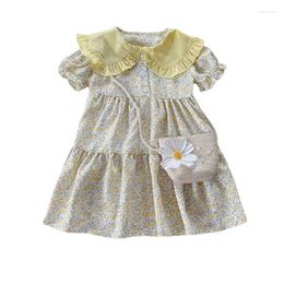 Meisje – robe florale à manches courtes pour filles, tenue à revers avec sac, motif coréen, vêtements pour bébés idylliques, été 2023