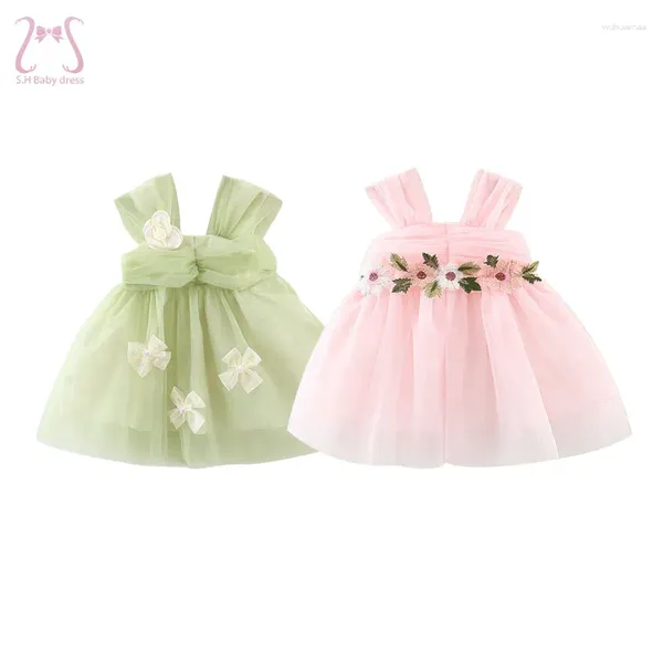 Robes de fille douce fleur fleur fée bébé fête d'été couleur solide maille princesse robe de soirée