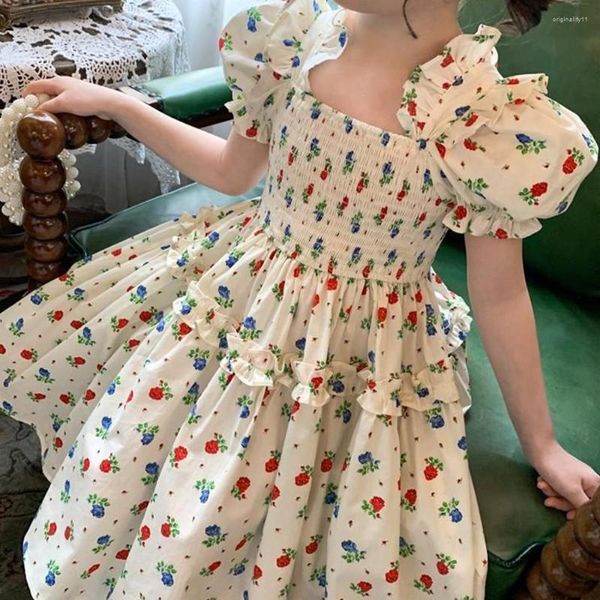 Robes de fille douce fleur filles robe de princesse été manches bouffantes Floral décontracté mode coréenne vêtements pour enfants Vestidos