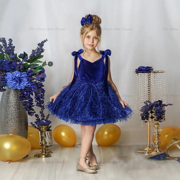 Vestidos de niña Sweetheart Royal Blue Bows Vestido de flores para fiesta de cumpleaños Vestido hasta la rodilla con plumas Navidad