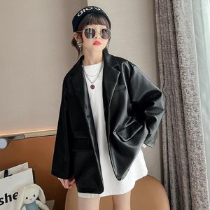 Meisjesjurken tienermeisjes pu jas herfst zwart losse lederen blazer voor kinderen school 12 13 14 jaar mode all-match kinderjas