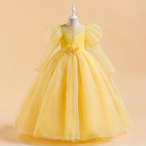 Meisje jurken tieners lange mouwen gele mouwen gele prinses tutu elegante prom jurk kinderen bruidsmeisje formele kleding