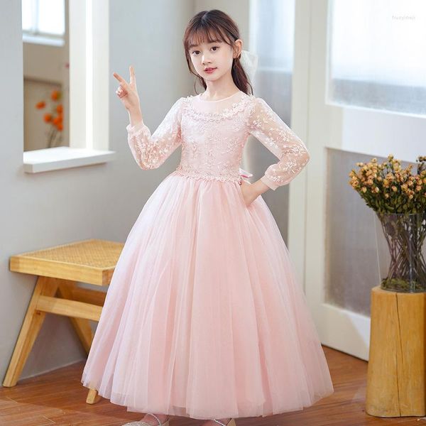 Vestidos de niña adolescentes Formal elegante dama de honor para boda blanco rosa manga larga noche princesa encaje niños ropa vestido