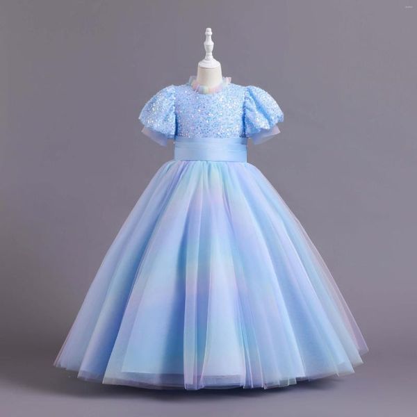 Robes de fille Ados Filles Manches Bouffantes Paillettes Tulle Robe De Princesse Élégante Grands Enfants Taille Haute Costume De Bal Formel Soirée Bleu Glace