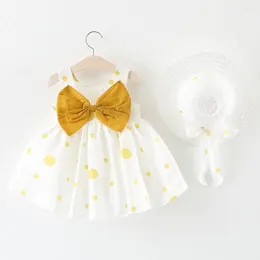 Robes de fille TELOTUNY robe bébé enfants été Coton sans manches sangle col rond imprimé nœud princesse chapeau de paille 2023apr