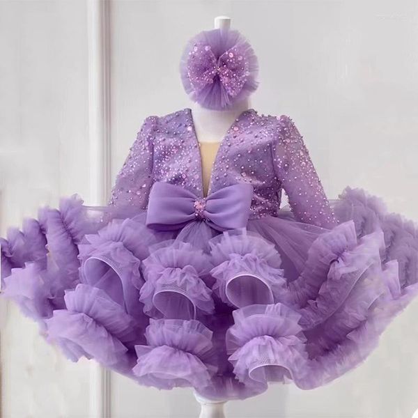 Robes de fille Design de tempérament robe de princesse pour enfants robe de bal à manches longues froncées robes d'anniversaire pour filles à la mode fleur moelleuse