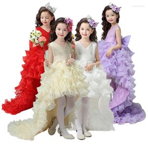 Robes à plusieurs niveaux avec traîne détachable pour filles, tenue de soirée en Organza à fleurs, pour mariage, cérémonie de noël, lilas, pour enfants de 1 à 14 ans