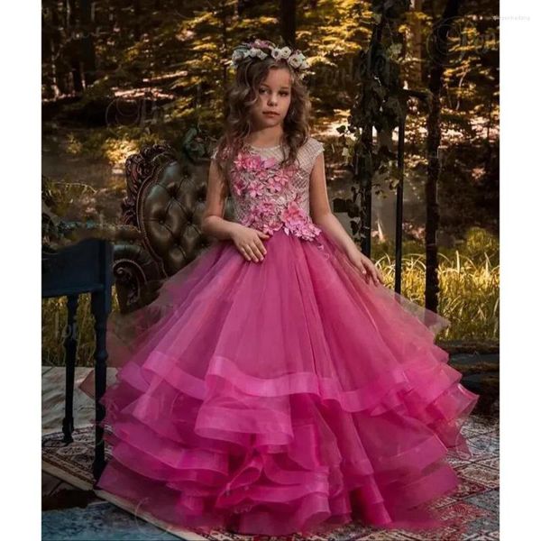 Vestidos de niña Faldas escalonadas Flor rosa para bodas 3d Floral aplicado Vestido de concurso para niños