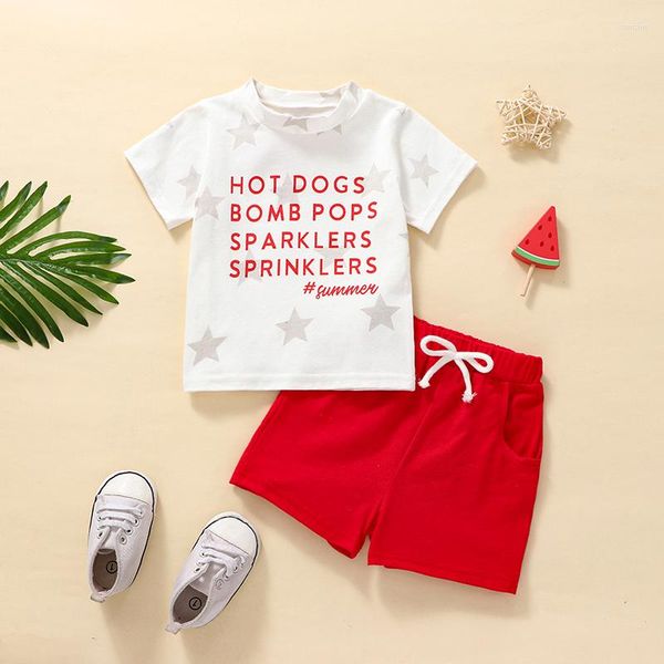 Robes de fille enfant en bas âge bébé 2 pièces tenues d'été jour de l'indépendance étoile lettre imprimer pull t-shirt hauts couleur unie cordon de serrage ensemble de shorts