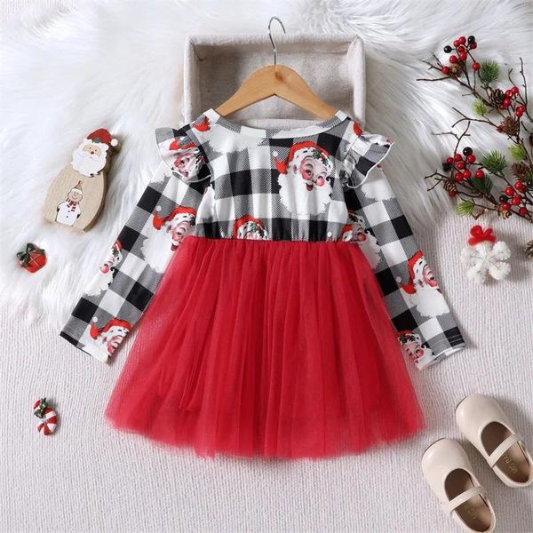 Robes de Costume de noël pour filles, tenue de Costume de noël pour bébés, imprimé de père noël, manches longues, col rond, ligne a, Tulle, Patchwork