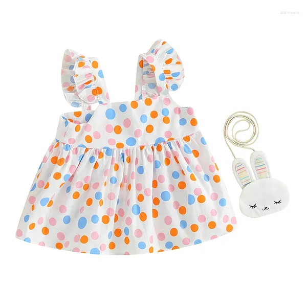 Robes pour filles, vêtements pour bébés en bas âge, manches volantes, imprimé à pois, ensemble de sacs lapin, tenue de printemps et d'été 2 pièces