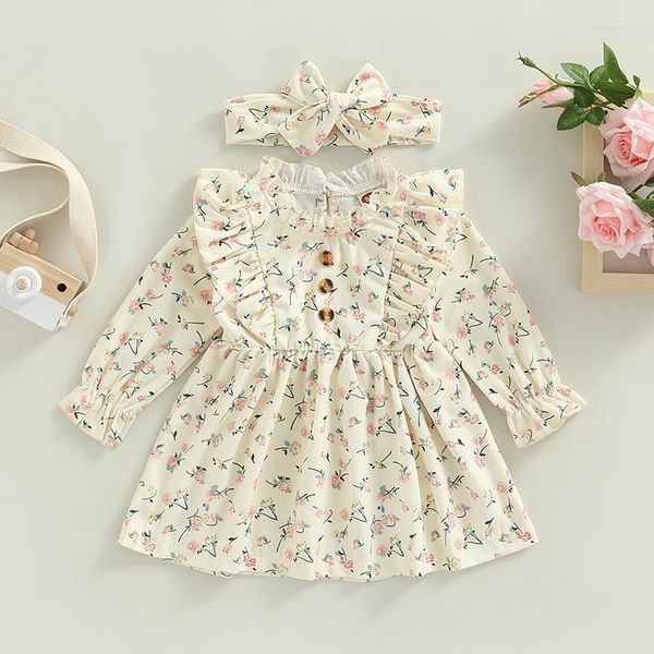 Robes de fille Toddler Baby Flower Print Dress Avec Bow Bandeau À Manches Longues Col Ras Du Cou Bouton Agrémenté A-Line Outfit