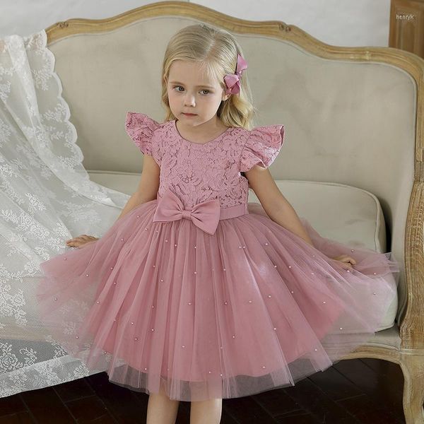 Vestidos de niña bebé niñas 1er cumpleaños princesa perlas flor niños encaje boda tutú Gows arco lindo bebé nacido Vestidos