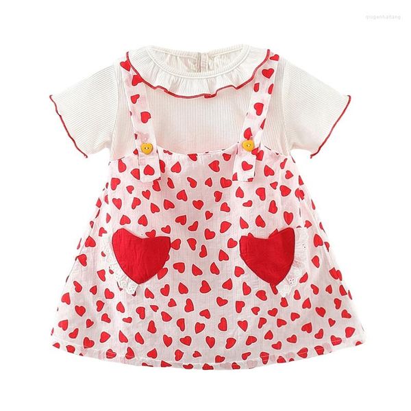 Vestidos para niñas, vestido para niñas pequeñas con estampado de corazones, volantes, cuello redondo, manga corta, dos piezas falsas, vestido de princesa dulce de verano