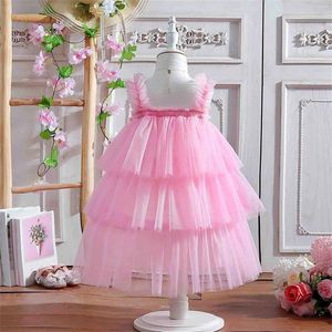 Robes d'été pour petites filles, rose, col licou, superposées, bouffantes, tenues de fête d'anniversaire et de vacances