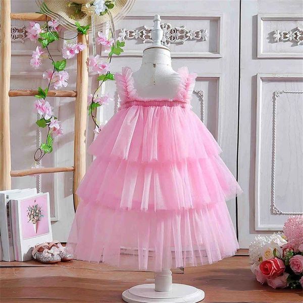 Robes d'été pour petites filles, rose, col licou, superposées, bouffantes, tenues de fête d'anniversaire et de vacances