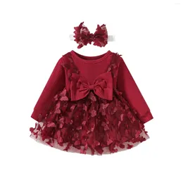 Robes de fille Toddler Baby Girls Party Robe à manches longues Bow Butterfly Rib Tulle avec bandeau pour la douche du soir de mariage d'anniversaire