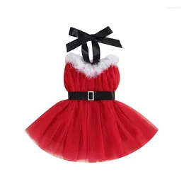 Vestidos de niña para niñas pequeñas, vestido de tul de Papá Noel, Color de contraste de Navidad, cuello Halter, princesa con cinturón, ropa de fiesta